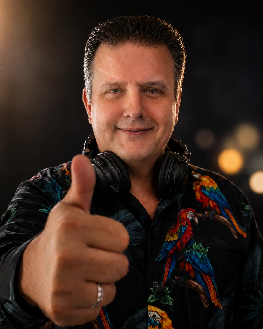 Event DJ Tommy im professionellen Porträt mit Kopfhörern und Daumen hoch