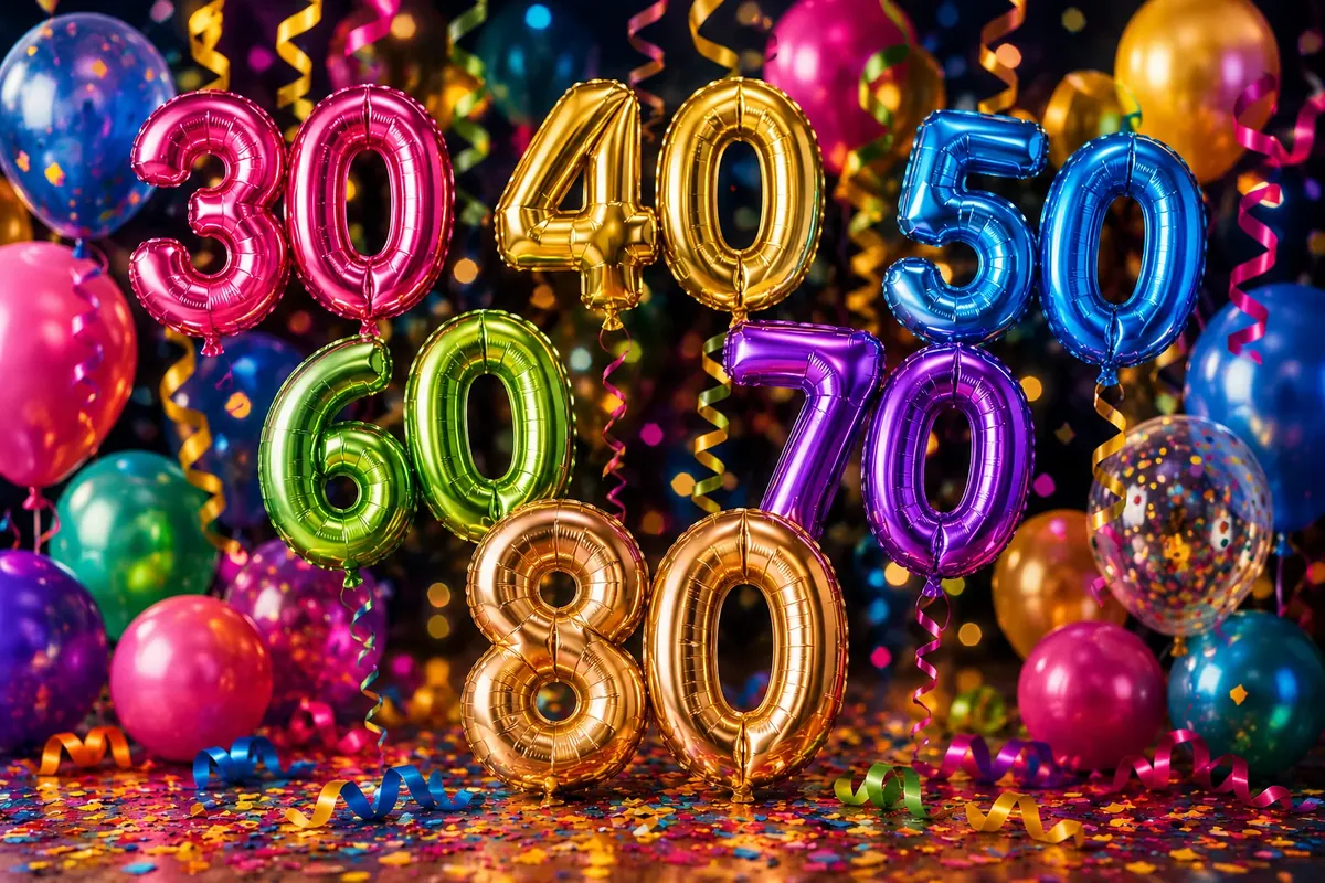 Bunte Zahlenballons für runde Geburtstage