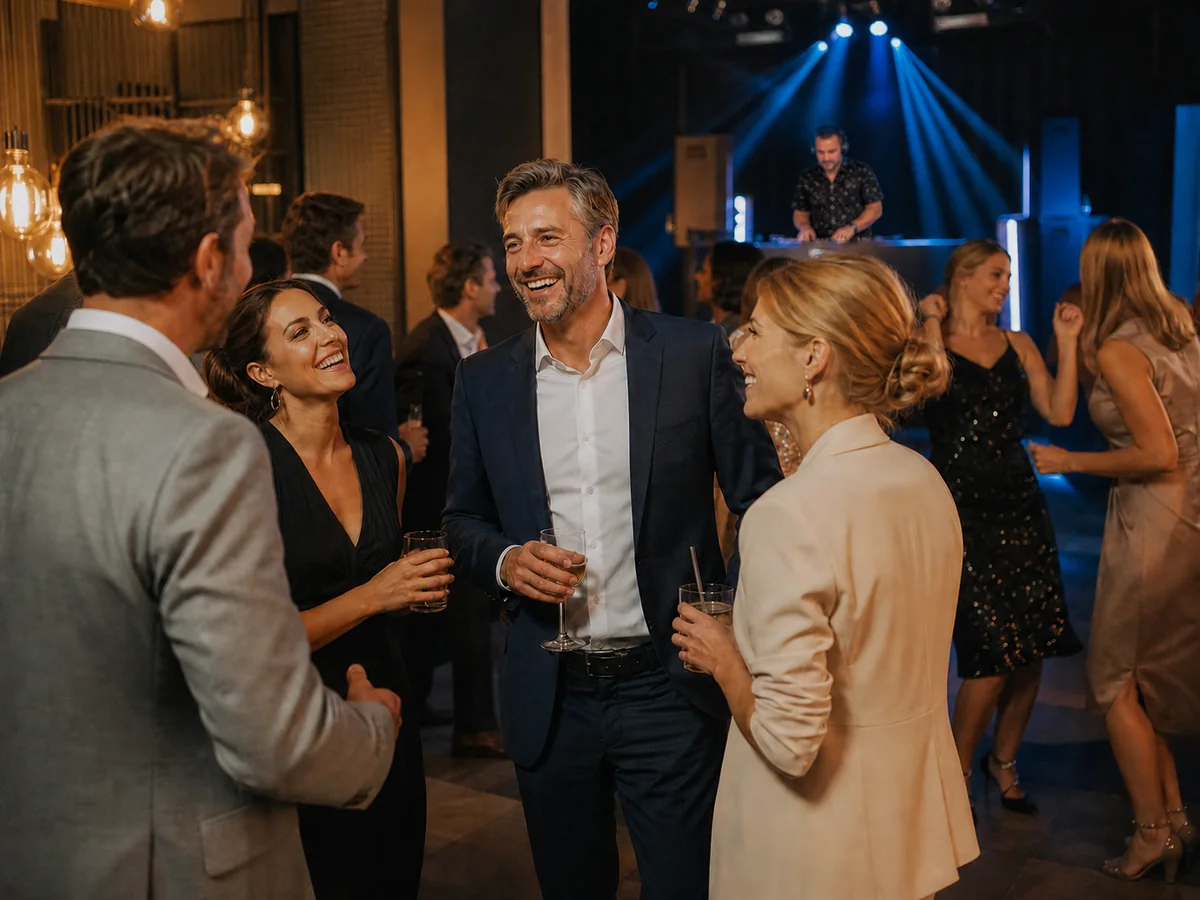 Kolleginnen und Kollegen feiern bei einem Firmenevent mit DJ Tommy